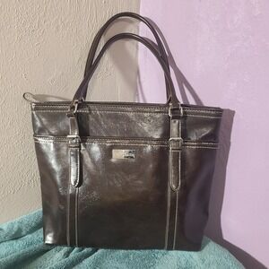 Nine & Co Brown Faux Leather Tote Bag Shoulder Bag Handbag Silvertone Hdwr Large